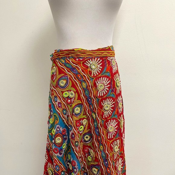 Soft Surroundings bohemian wrap maxi skirt beaded mirrors red gold L India - Picture 2 of 8